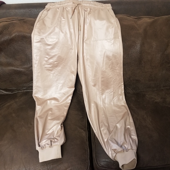 Fashion Nova Cream/Tan Silk Joggers. - Picture 2 of 5